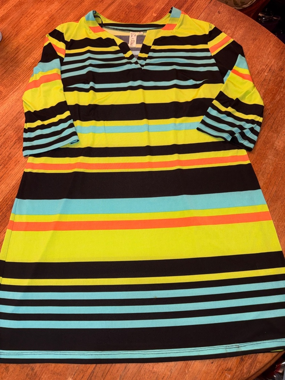 Emma & Michele Striped Midi Dress in Yellow, Black, Aqua & Coral